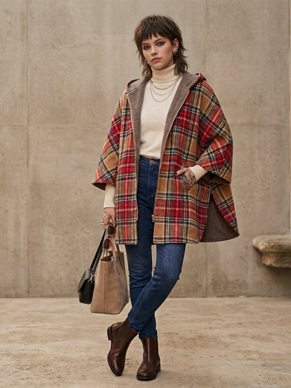 Vintage Plaid Wool Reversible Poncho Cape Plaid and Tan Size Medium?